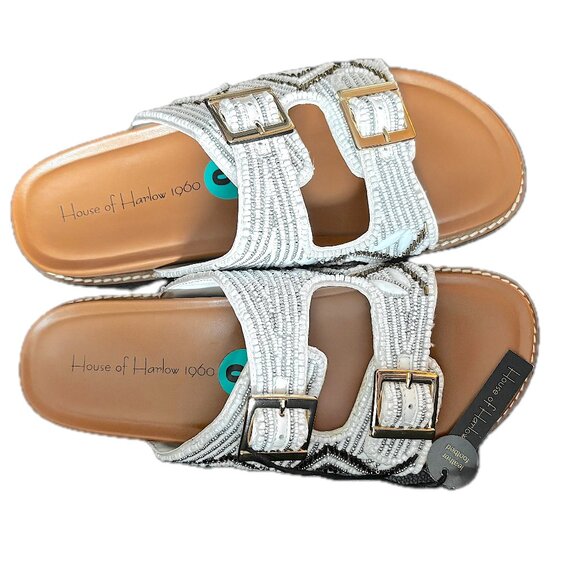 House of Harlow Beaded Flat Sandal Double Buckle White Shimmer Gold Sz 8 NEW - Picture 6 of 10